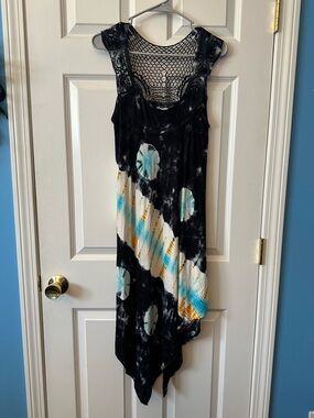 EUC Ingear Resort Wear Black Tie-Dye Crochet Back Tank Top Maxi Dress Sz M